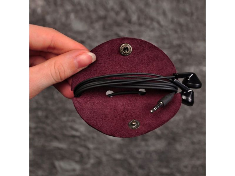 Кожаный холдер для наушников и проводов бордовый, фото 2