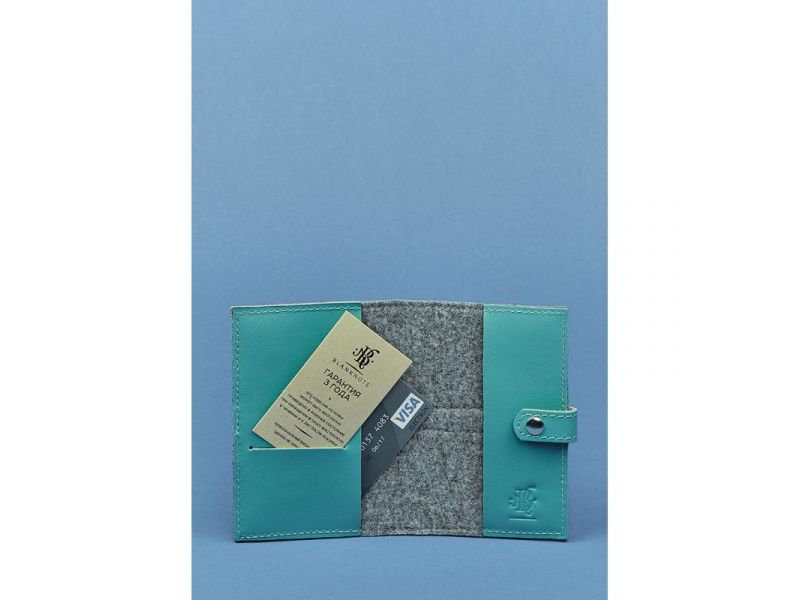 Фетровая женская обложка для паспорта 1.1 с кожаными бирюзовыми вставками, фото 3