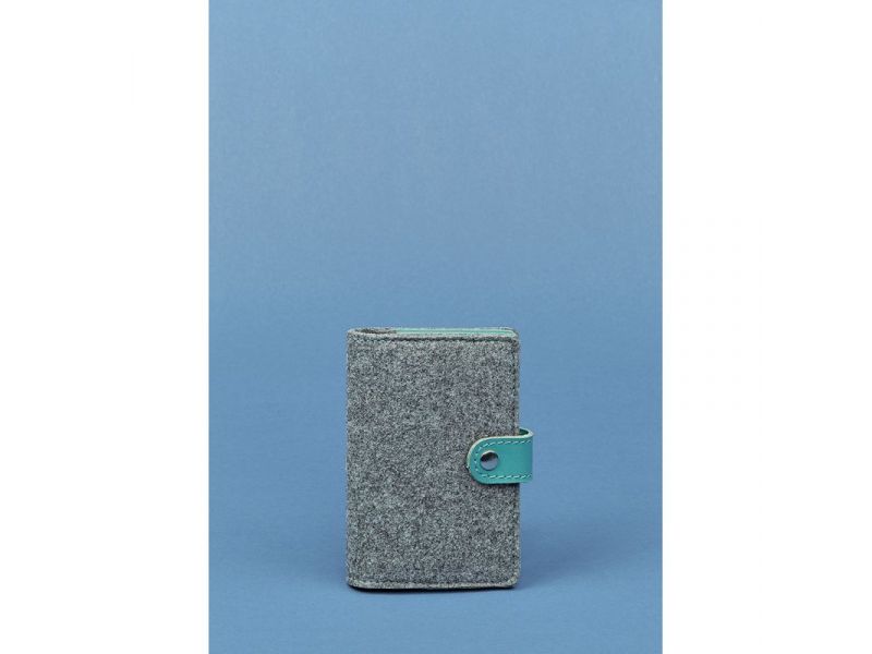 Фетровая женская обложка для паспорта 3.0 с кожаными бирюзовыми вставками, фото 1