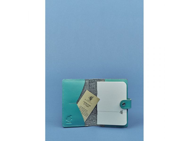 Фетровая женская обложка для паспорта 3.0 с кожаными бирюзовыми вставками, фото 2