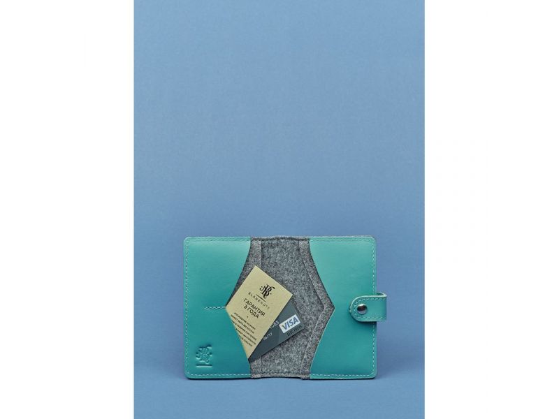 Фетровая женская обложка для паспорта 3.0 с кожаными бирюзовыми вставками, фото 3