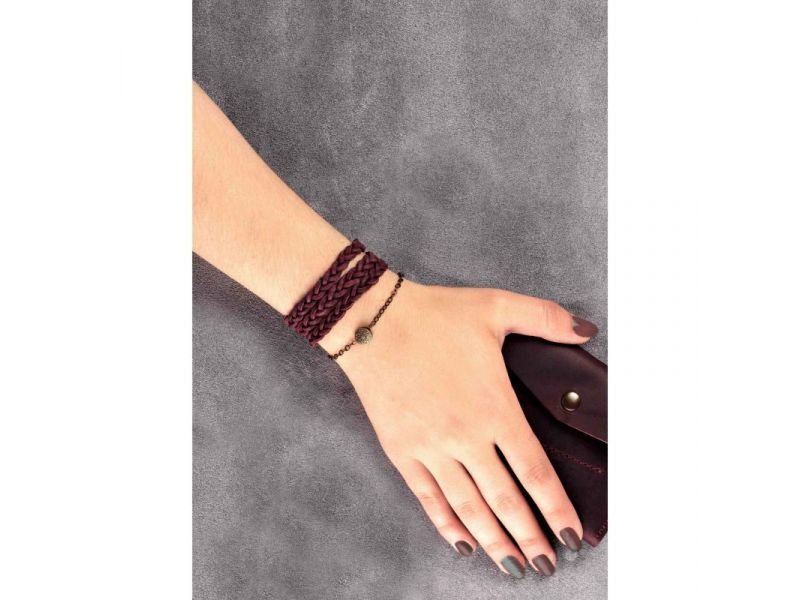 Женский кожаный браслет тонкая косичка бордовый, фото 2