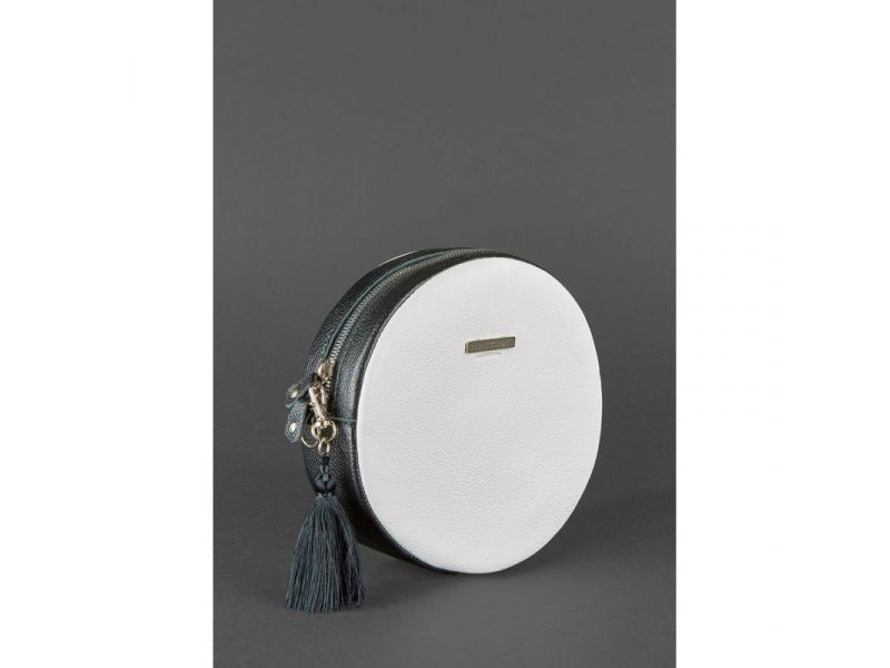 Круглая кожаная женская сумочка Tablet черно-белая, фото 3