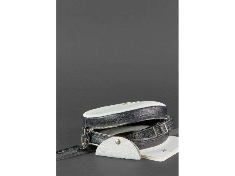 Круглая кожаная женская сумочка Tablet черно-белая, фото 5