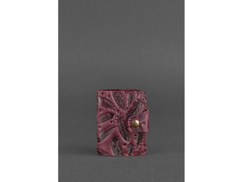 Женский кожаный кард-кейс 7.1 (Книжечка) бордовый с перьями Crazy Horse, фото 1