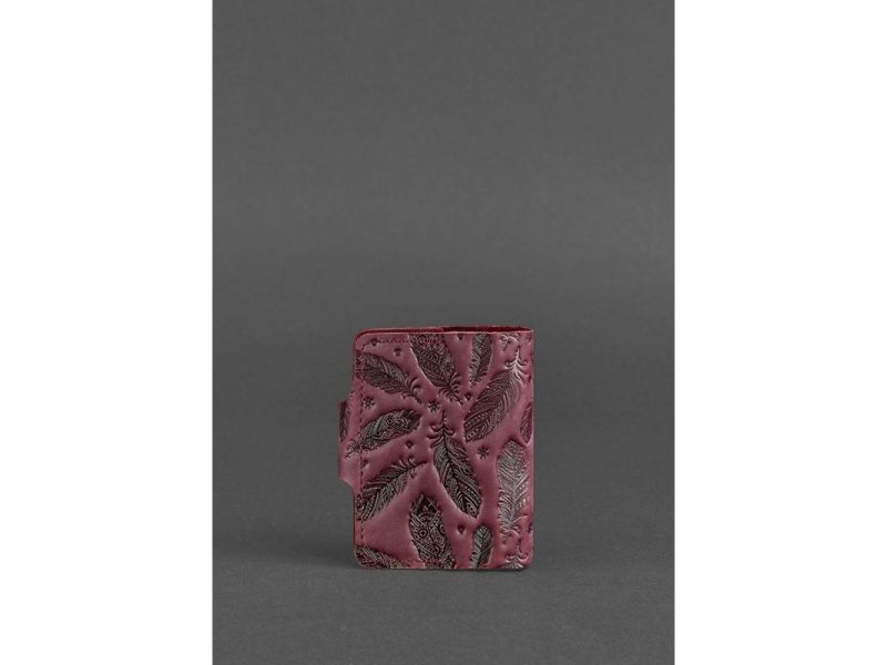 Женский кожаный кард-кейс 7.1 (Книжечка) бордовый с перьями Crazy Horse, фото 4