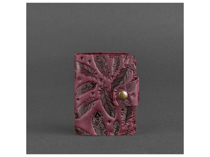Женский кожаный кард-кейс 7.1 (Книжечка) бордовый с перьями Crazy Horse, фото 5