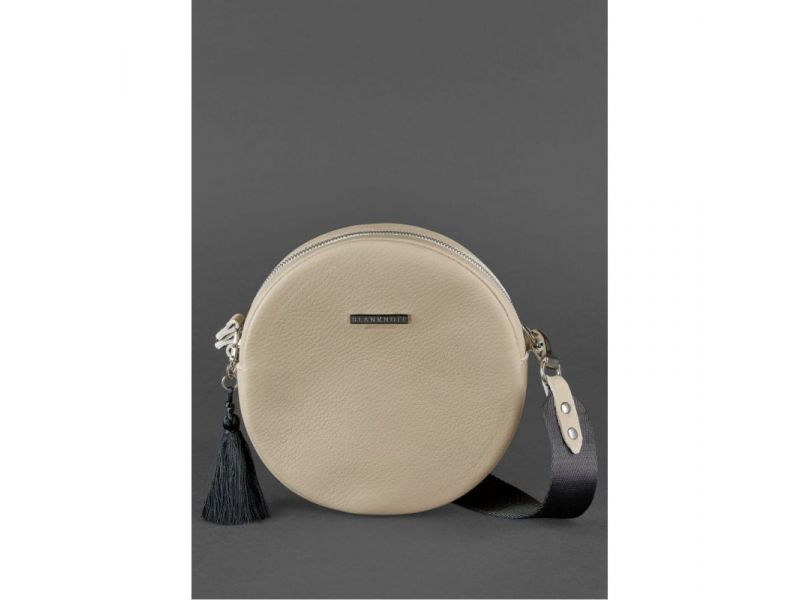 Круглая женская кожаная сумочка Tablet светло-бежевая, фото 2