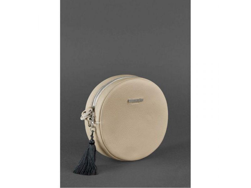 Круглая женская кожаная сумочка Tablet светло-бежевая, фото 3