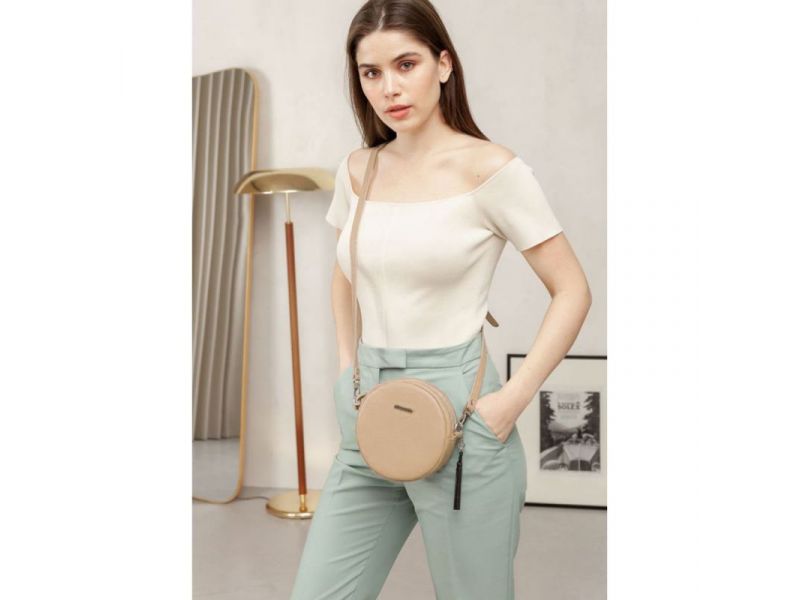 Круглая женская кожаная сумочка Tablet светло-бежевая, фото 8