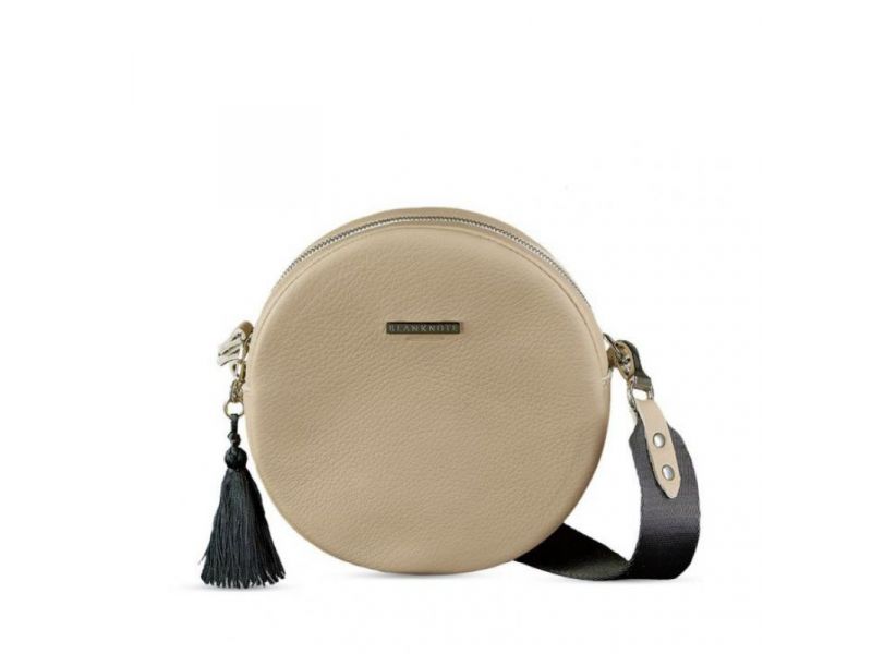 Круглая женская кожаная сумочка Tablet светло-бежевая, фото 10