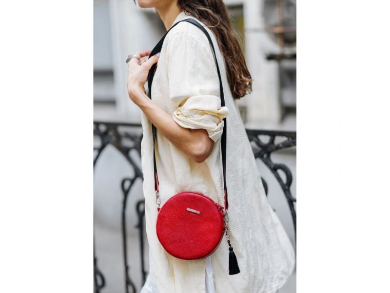 Круглая кожаная женская сумочка Tablet красная, фото 10