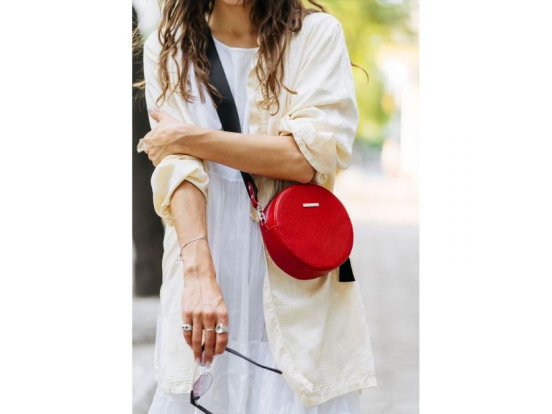 Круглая кожаная женская сумочка Tablet красная, фото 6