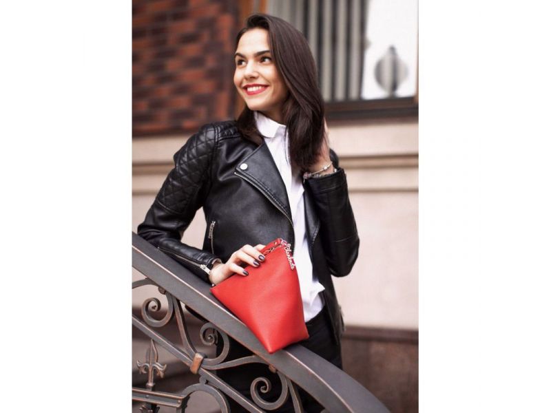 Кожаная женская сумка-косметичка Пирамида красная, фото 6