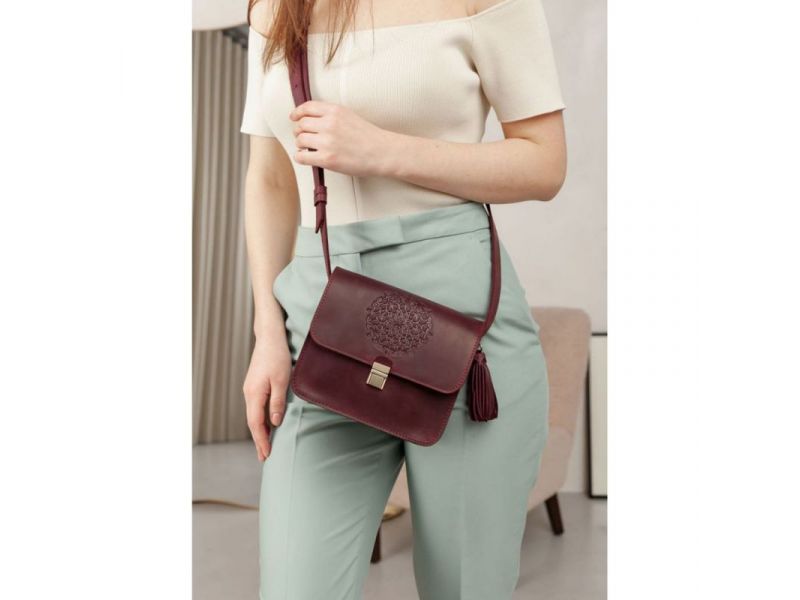 Кожаная женская бохо-сумка Лилу бордовая Crazy Horse, фото 10