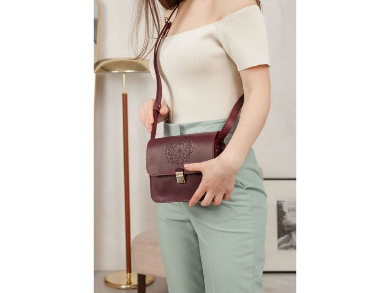 Кожаная женская бохо-сумка Лилу бордовая Crazy Horse, фото 7