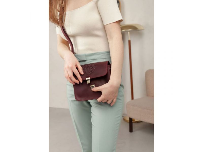 Кожаная женская бохо-сумка Лилу бордовая Crazy Horse, фото 8