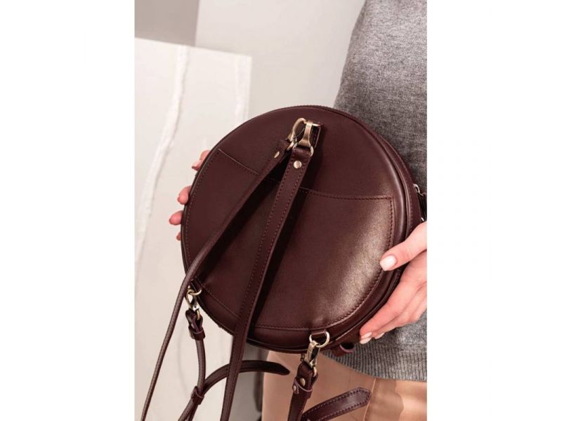 Кожаная женская круглая сумка-рюкзак Maxi бордовая, фото 10