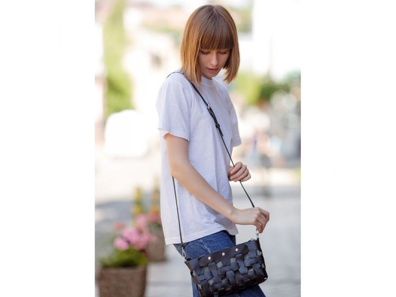 Кожаная плетеная женская сумка Пазл S черная Krast, фото 8