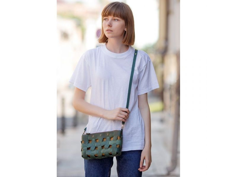 Кожаная плетеная женская сумка Пазл S зеленая Crazy Horse, фото 1