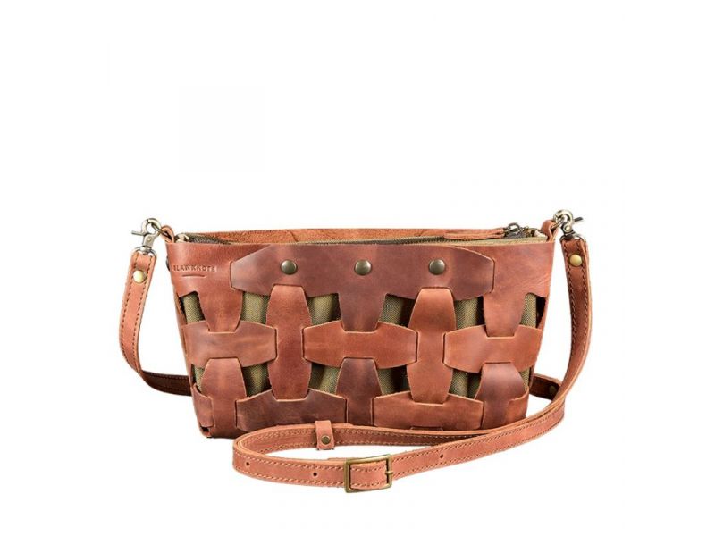Кожаная плетеная женская сумка Пазл S светло-коричневая Crazy Horse, фото 9