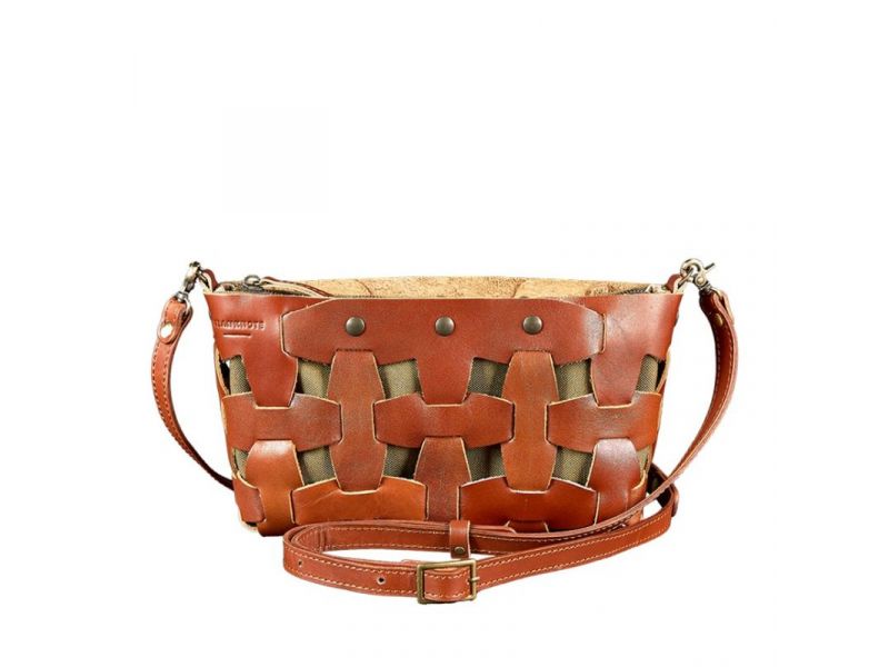 Кожаная плетеная женская сумка Пазл S светло-коричневая краст, фото 9