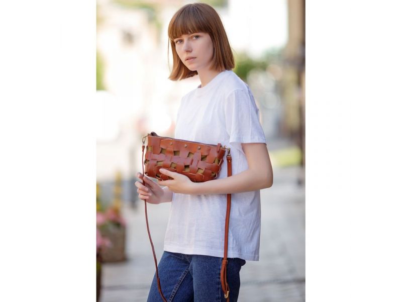 Кожаная плетеная женская сумка Пазл S светло-коричневая краст, фото 6