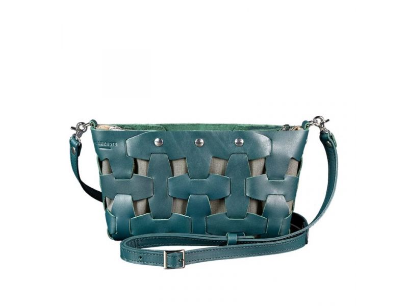 Кожаная плетеная женская сумка Пазл S зеленая Krast, фото 9