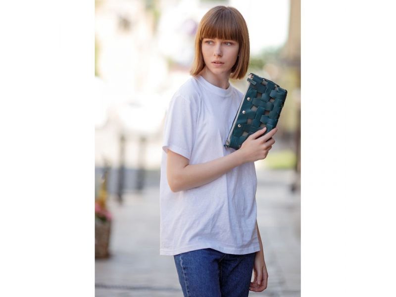 Кожаная плетеная женская сумка Пазл S зеленая Krast, фото 1