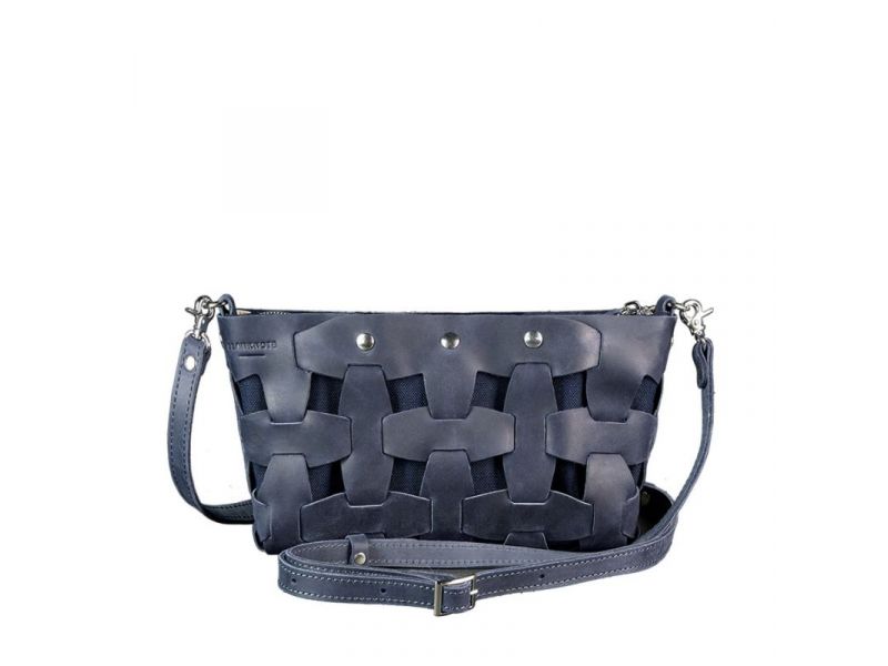 Кожаная плетеная женская сумка Пазл S синяя Crazy Horse, фото 9