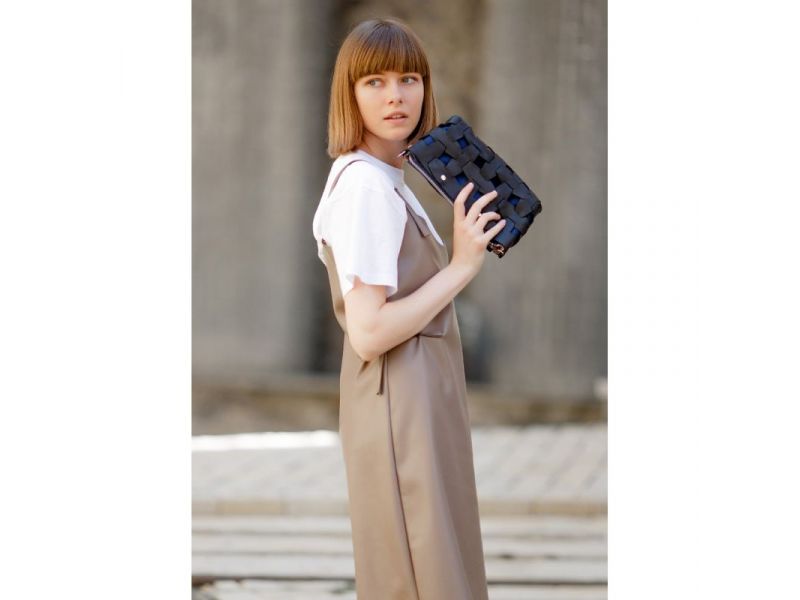 Кожаная плетеная женская сумка Пазл S синяя Crazy Horse, фото 1