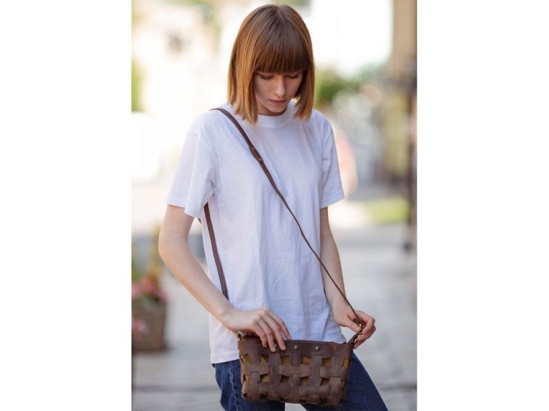 Кожаная плетеная женская сумка Пазл S темно-коричневый Crazy Horse, фото 6