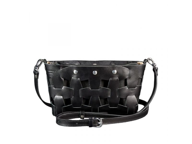 Кожаная плетеная женская сумка Пазл S угольно-черная, фото 9