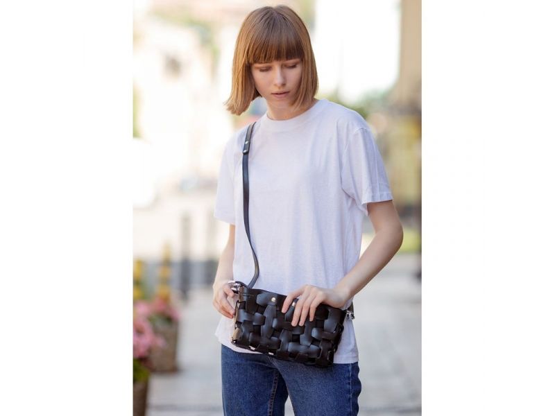 Кожаная плетеная женская сумка Пазл S угольно-черная, фото 1