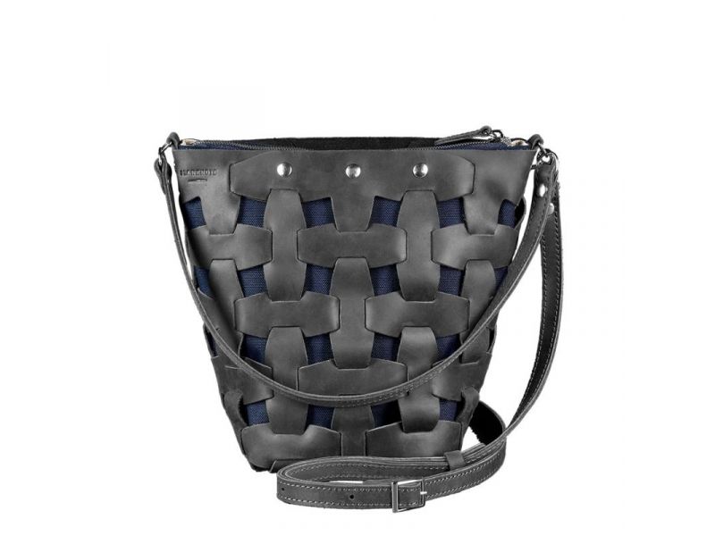 Кожаная плетеная женская сумка Пазл M черная Crazy Horse, фото 9