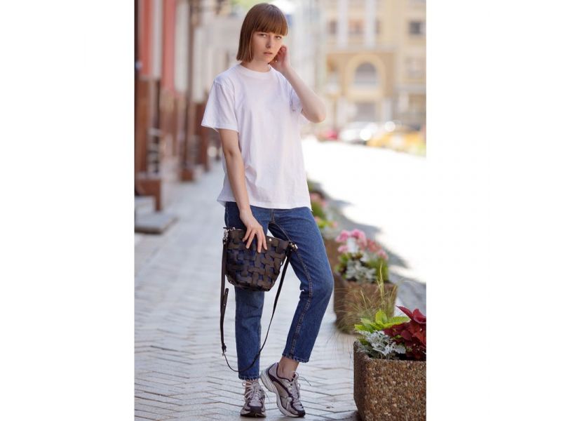 Кожаная плетеная женская сумка Пазл M черная Crazy Horse, фото 6