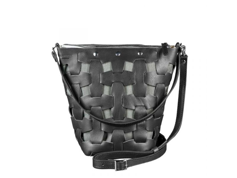 Кожаная плетеная женская сумка Пазл M черная Krast, фото 9