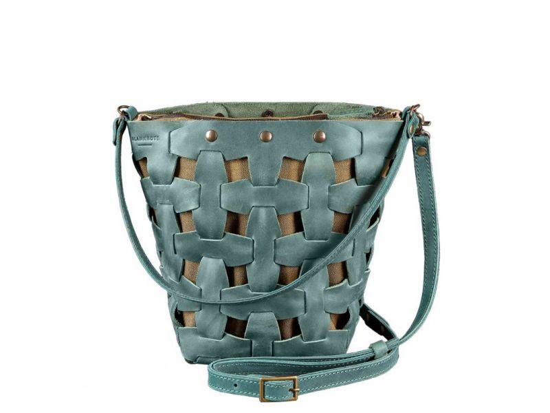 Кожаная плетеная женская сумка Пазл M зеленая Crazy Horse, фото 10