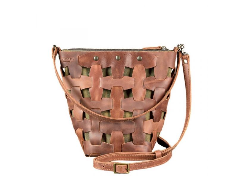 Кожаная плетеная женская сумка Пазл M светло-коричневая Crazy Horse, фото 9