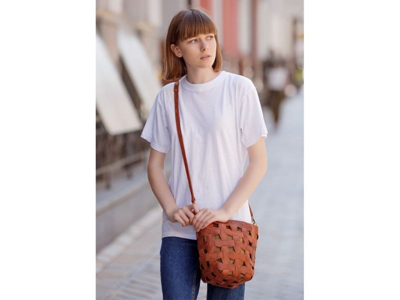 Кожаная плетеная женская сумка Пазл M светло-коричневая Crazy Horse, фото 6