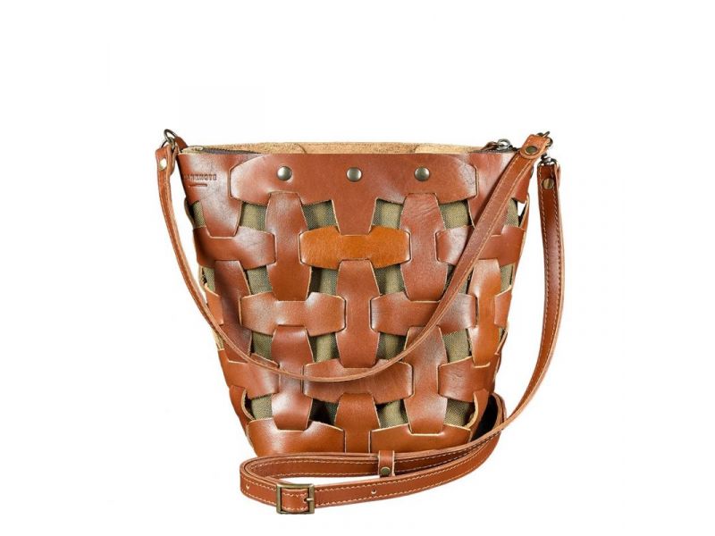 Кожаная плетеная женская сумка Пазл M светло-коричневая Krast, фото 10