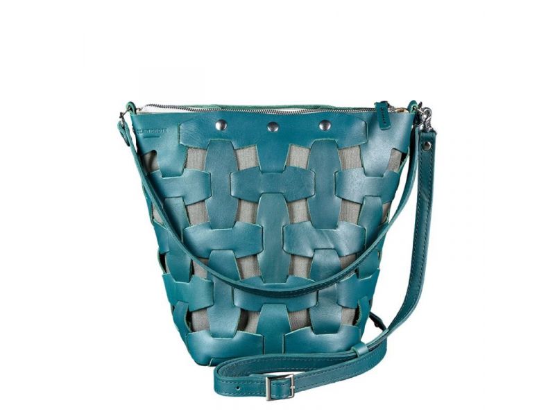 Кожаная плетеная женская сумка Пазл M зеленая Krast, фото 9