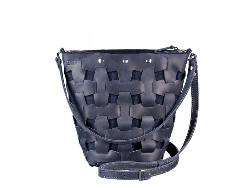 Кожаная плетеная женская сумка Пазл M синяя Crazy Horse, фото 9