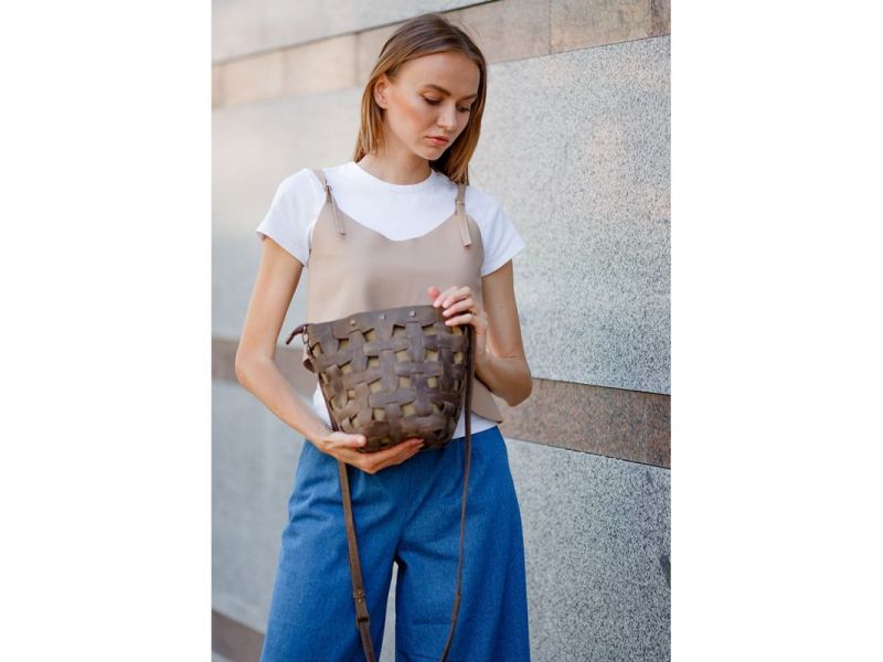 Кожаная плетеная женская сумка Пазл M темно-коричневая Crazy Horse, фото 6