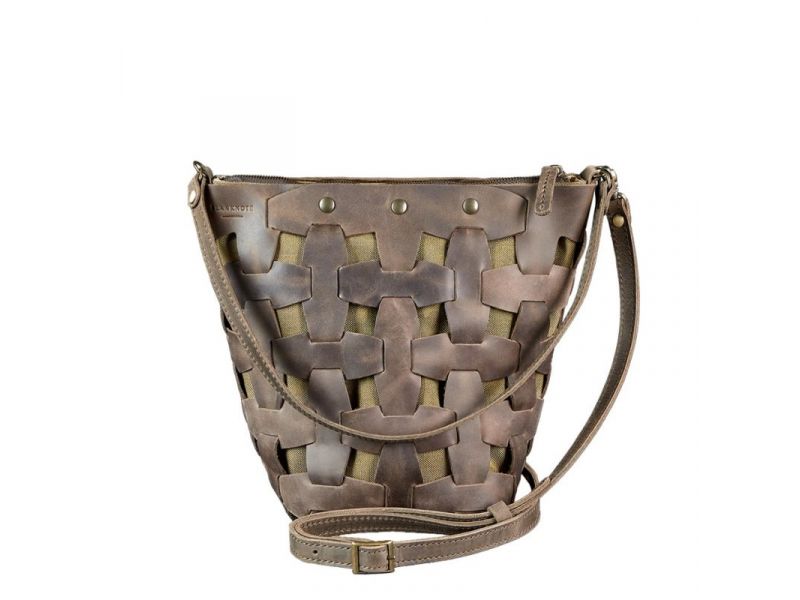 Кожаная плетеная женская сумка Пазл M темно-коричневая Crazy Horse, фото 9