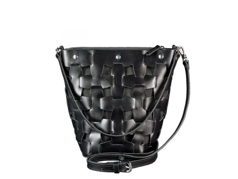 Кожаная плетеная женская сумка Пазл M угольно-черная, фото 9