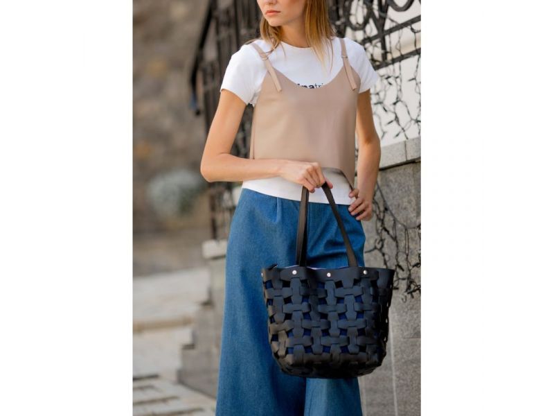 Кожаная плетеная женская сумка Пазл L черная Crazy Horse, фото 6