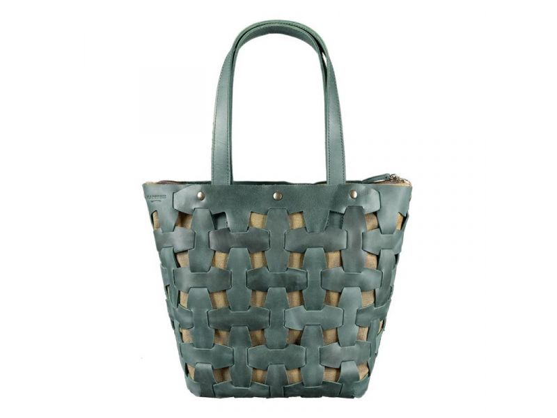Кожаная плетеная женская сумка Пазл L зеленая Crazy Horse, фото 9
