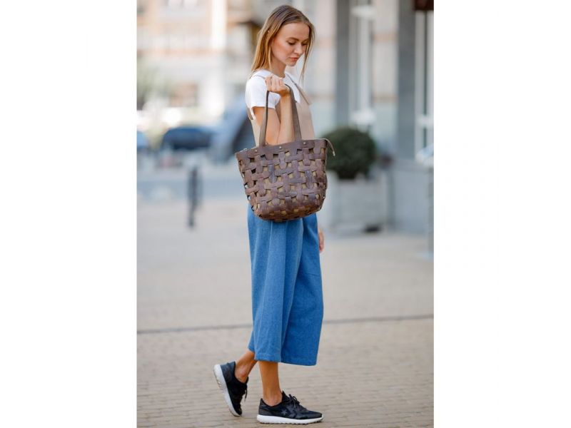 Кожаная плетеная женская сумка Пазл L темно-коричневый Crazy Horse, фото 1