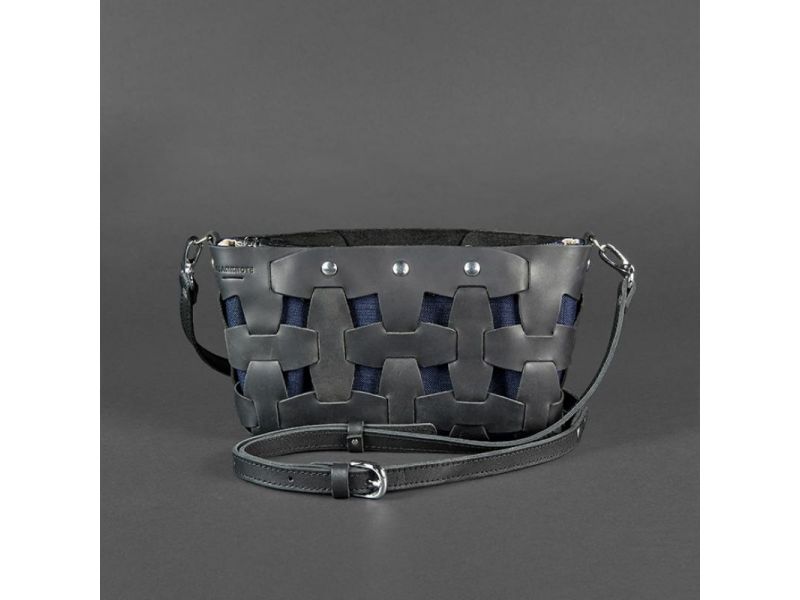 Кожаная плетеная женская сумка Пазл S черная Crazy Horse, фото 8